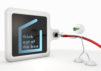 think out of the box symbol with futuristic 3d character