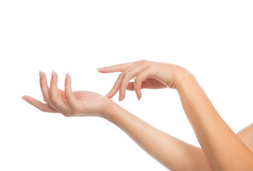 Beautiful woman hands with french manicure nails