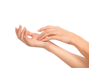 Beautiful woman hands with french manicure nails