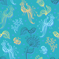 Cute seamless pattern with birds, butterflies and flowers