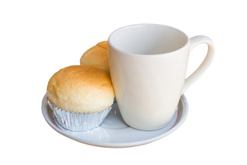Bread with empty cup of coffee over white background