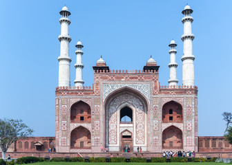 Landscape picture of Akbar's Tomb and its four minarets in India