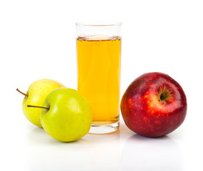 Delicious apple juice in glass and apples isolated on white