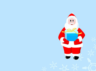 Happy Santa Claus holding a present with blue background
