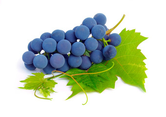 Bunch of grapes and vine leaves on a white background