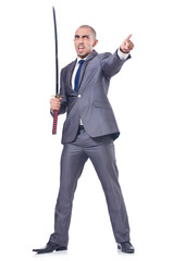 Businessman with sword isolated on white