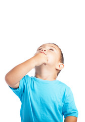 child looking up with a thinking pose on a white background