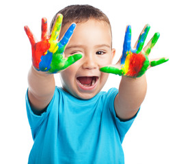 cheerful child with painted hands on white background