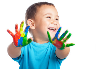 cheerful child with painted hands on white background