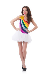 Model wearing fashionable clothing on white