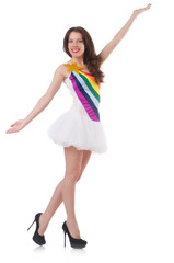 Model wearing fashionable clothing on white