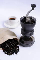 Coffee beans & Coffee grinder and Coffee cup