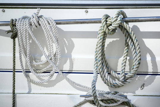 Detail image of ropes and cleats on yacht sailboat