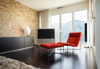interior luxury apartment, comfortable red armchair