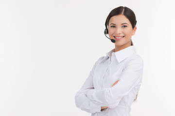 Confident customer service representative. Beautiful young femal - obrazy, fototapety, plakaty