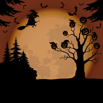 Halloween landscape with witch and pumpkins