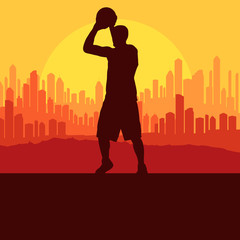 Basketball player in front of city sunset vector background