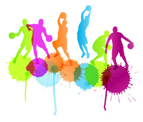 Basketball players vector abstract background with color splashe