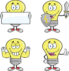 Yellow Light Bulb Cartoon Characters  Set Collection 12