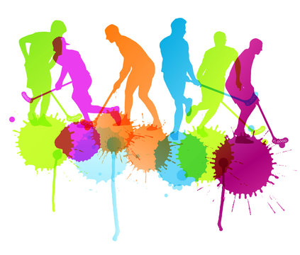 Floorball player vector silhouette background concept with ink s