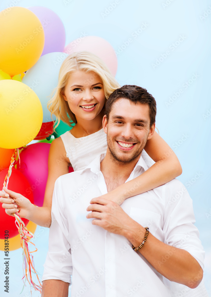 Canvas Prints couple with colorful balloons at seaside