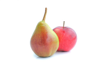 ripe pear and apple on a white background close-up of the