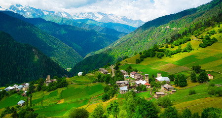 Panoramic landscape of Ieli village in Svaneti