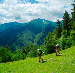 Fototapeta na wymiar Young women trekking in Svaneti,