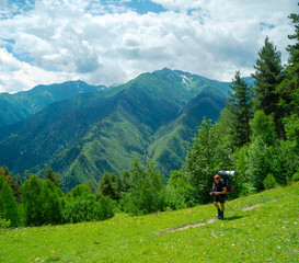 Fototapeta na wymiar Young women trekking in Svaneti,
