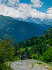 Naklejka na ściany i meble Young women trekking in Svaneti,