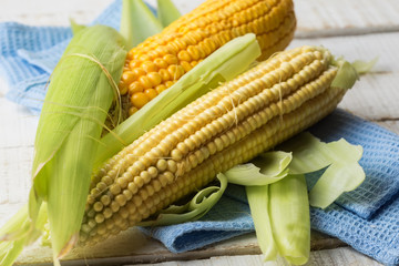 Fresh corn on wooden background