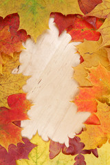 Frame composed of colorful autumn leaves on wooden background te