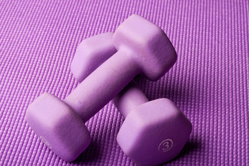 Purple weights on a purple yoga mat