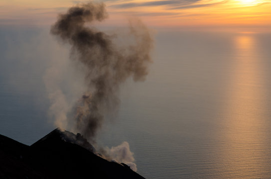 Smoking volcano on Stromboli island, Lipari, Sicily