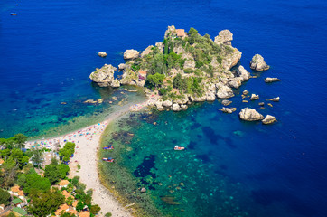 Aerial view of Isola Bella beach in Taormina, Sicily - obrazy, fototapety, plakaty
