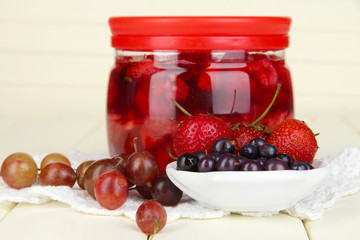 Home made berry jam on wooden table