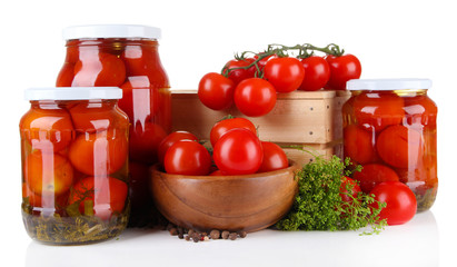 Tasty canned and fresh tomatoes, isolated on white