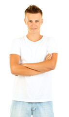 Fototapeta premium T-shirt on young man isolated on white
