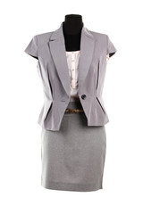 Beige blouse, gray jacket and gray skirt