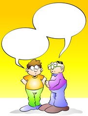 Men talking with empty speech bubble