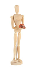 Wooden mannequin with basketball ball isolated on white