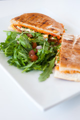 italian ciabatta panini sandwich with chicken and tomato