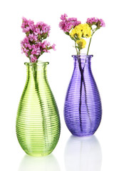 Beautiful summer flowers in vases isolated on white