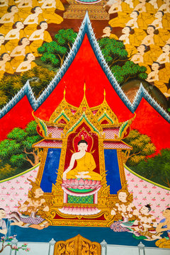Traditional thai style painting at the wall temple