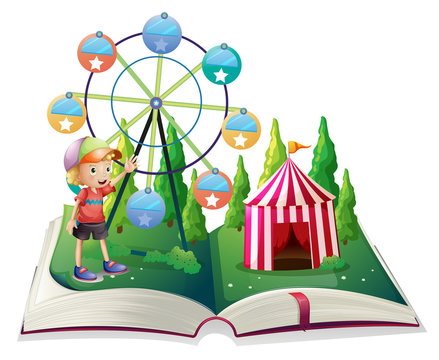 An open storybook with a carnival and a young boy