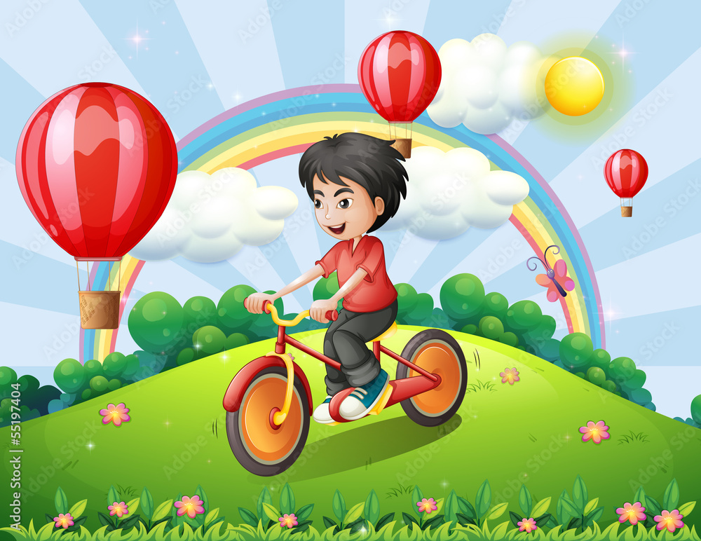 Sticker a boy biking at the hilltop with a rainbow and floating balloons