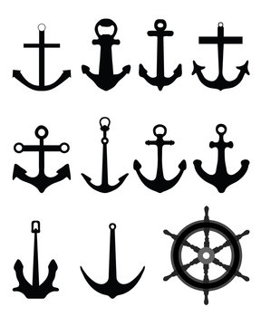 Black silhouettes of anchor and rudder, vector