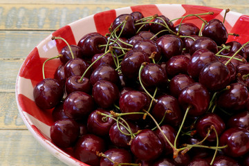 Fresh Cherries in Red Gingham Plate