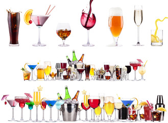 Set of different alcoholic drinks and cocktails