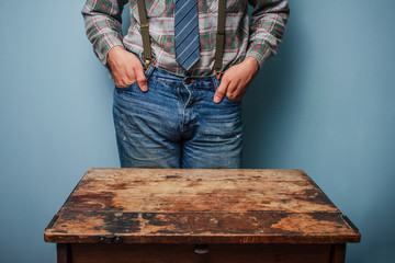 Man at desk with hands in pockets